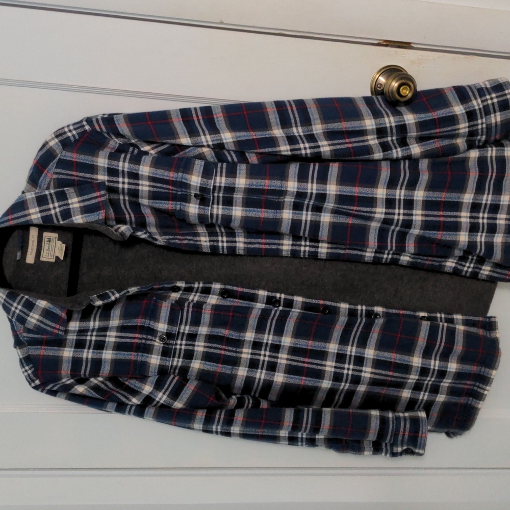 LL Bean Mens Traditional Fit Size M-Tall Fleece Lined Plaid Blue Gray Shirt